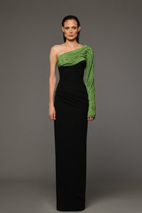 One shoulder crepe dress with green crystal chainmill - HerTrove