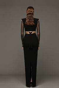Structured shoulder crepe dress featuring chain belt - HerTrove