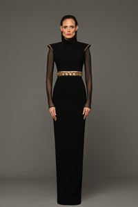 Structured shoulder crepe dress featuring chain belt - HerTrove
