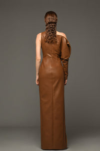Brown leather dress with crystal cropped top and deconstructured sleeve - HerTrove