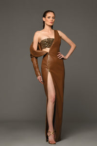 Brown leather dress with crystal cropped top and deconstructured sleeve - HerTrove
