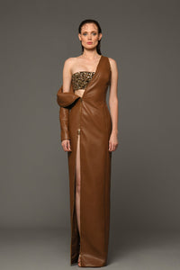 Brown leather dress with crystal cropped top and deconstructured sleeve - HerTrove