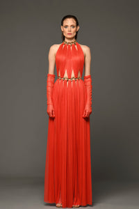 Halter neckline choker chain and belt dress with gloves - HerTrove