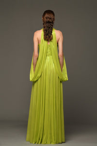 Draped dress in silk foiled tulle with chain on neckline - HerTrove