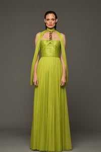 Draped dress in silk foiled tulle with chain on neckline - HerTrove