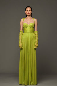 Draped dress in silk foiled tulle and gloves - HerTrove