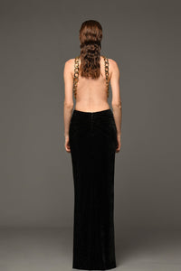 Embroidered velvet dress with chains - HerTrove