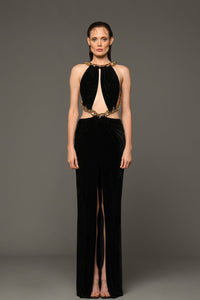 Embroidered velvet dress with chains - HerTrove
