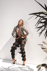 Embroidered snake skin blazer with Straight feathered pants - HerTrove