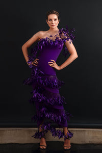 Asymmetric dress in purple silk crepe and ruffled plume - HerTrove