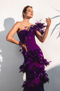 Asymmetric dress in purple silk crepe and ruffled plume - HerTrove