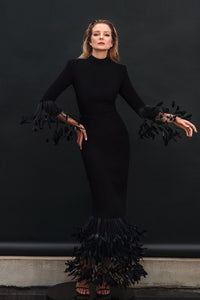 High-necked dress in black silk crepe and ruffled coq plumes - HerTrove