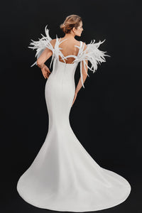 Mermaid off-white crepe dress featuring feathers - HerTrove