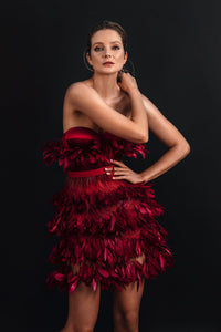 Deep saturated mini dress in silk satin and ruffled feathers - HerTrove