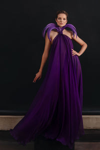 Chiffon halter neck dress finished with coq tail plumes - HerTrove