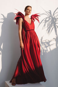 Deep saturated silk chiffon dress with a plunging neckline and feathered shoulders - HerTrove