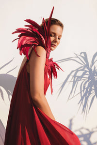 Deep saturated silk chiffon dress with a plunging neckline and feathered shoulders - HerTrove