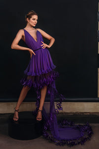 Silk chiffon mini-dress with an integrated scarf/train and ruffled coq plumes - HerTrove