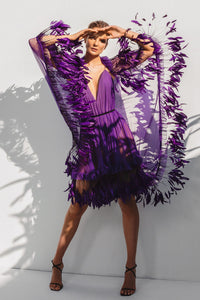 Silk chiffon mini-dress with an integrated scarf/train and ruffled coq plumes - HerTrove