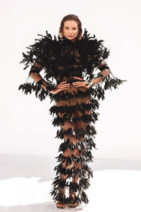 Sheer dress in black tulle and ruffled coq plumes - HerTrove