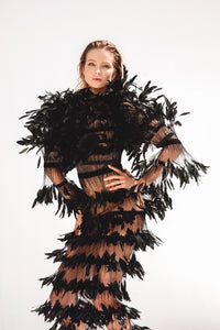 Sheer dress in black tulle and ruffled coq plumes - HerTrove