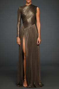 Foiled tulle asymmetric draped dress with falling cape - HerTrove