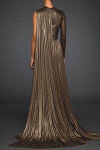 Foiled tulle asymmetric draped dress with falling cape - HerTrove