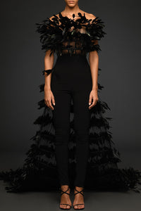 Crepe jumpsuit with feather bustier and overskirt - HerTrove