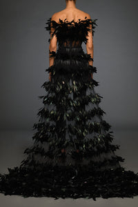 Crepe jumpsuit with feather bustier and overskirt - HerTrove
