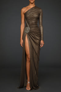 Bronze asymmetric foiled silk tulle dress with escargot embroidery - HerTrove