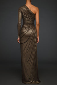 Bronze asymmetric foiled silk tulle dress with escargot embroidery - HerTrove