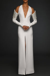 Crepe V–Neck dress with embroidered structured sleeves - HerTrove