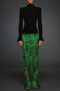 Black crepe dress with green feathers embroidery - HerTrove