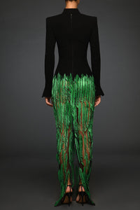Black crepe dress with green feathers embroidery - HerTrove