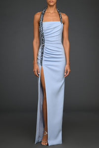 Crepe draped dress with embroidered strap - HerTrove