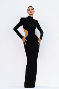 Black crepe dress with gold chains - HerTrove