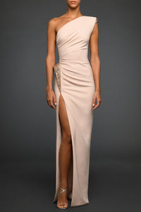 Nude pink draped dress with embroidered shoulder and waist - HerTrove