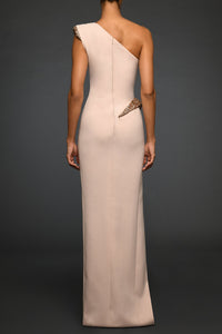 Nude pink draped dress with embroidered shoulder and waist - HerTrove