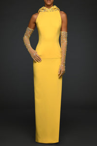 Yellow dress with embroidered hoodie and gloves - HerTrove