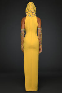 Yellow dress with embroidered hoodie and gloves - HerTrove
