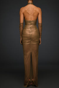 Halter neck fully draped bronze dress with gloves - HerTrove