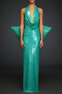 Aqua green sequined dress with oversized bow - HerTrove