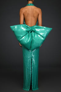 Aqua green sequined dress with oversized bow - HerTrove
