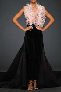 Velvet jumpsuit with pink ostrich feather - HerTrove