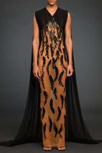 Fitted tulle dress with feather appliques and draped bustier - HerTrove