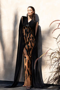 Fitted tulle dress with feather appliques and draped bustier - HerTrove