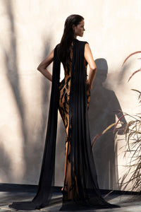 Fitted tulle dress with feather appliques and draped bustier - HerTrove
