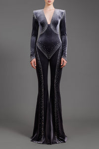 Her Trove-Crystal embroidered velvet jumpsuit