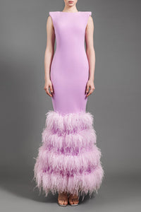 Her Trove-Crepe dress with layered feathers