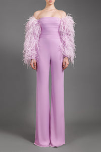Her Trove-Feathered sleeves crepe jumpsuit